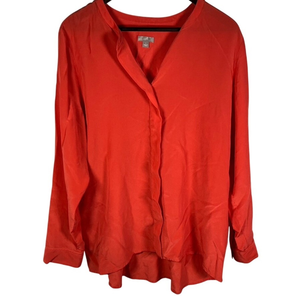 J Jill Women's L‎ Silk Long Sleeve Blouse Coral V Neck Flowy Casual Top